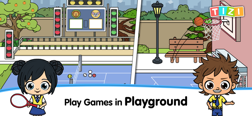 My Tizi School Cafe World Game - Children characters playing tennis and basketball in the school playground of the Tizi world game
