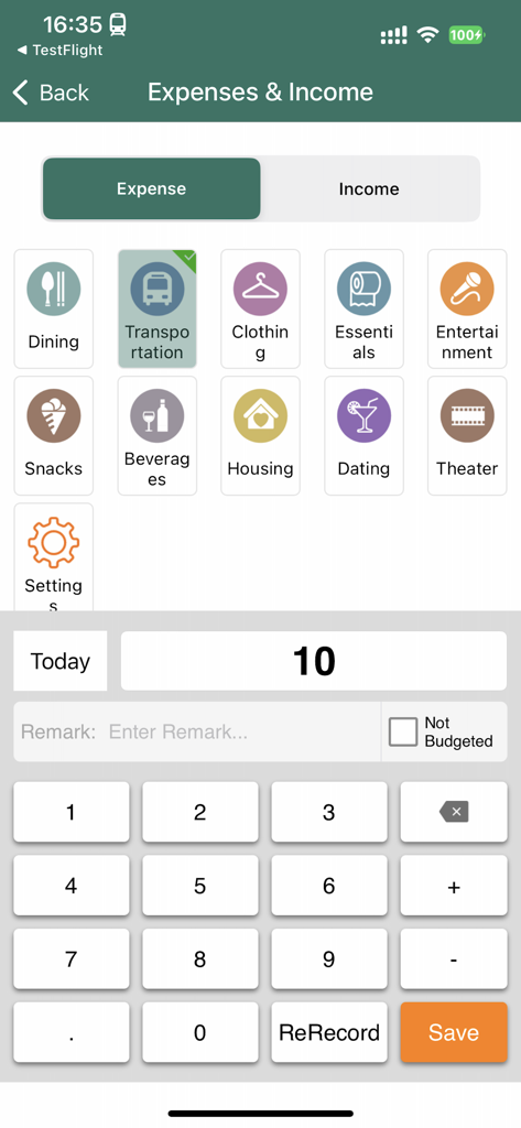 Green Apple Accounting - Manual expense entry screen in Green Apple Accounting featuring budget categories and a numeric keypad