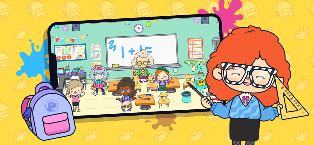 Terra World: Avatar Maker Life - Una colorida escena de aula de dibujos animados de la aplicación Terra World con diversos avatares de estudiantes y un profesor