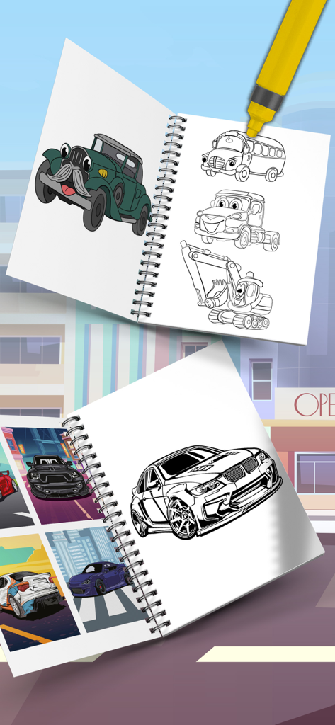 Cars Coloring Book and Pages - Spiral notebooks with car sketches and a yellow coloring pen in a digital app interface