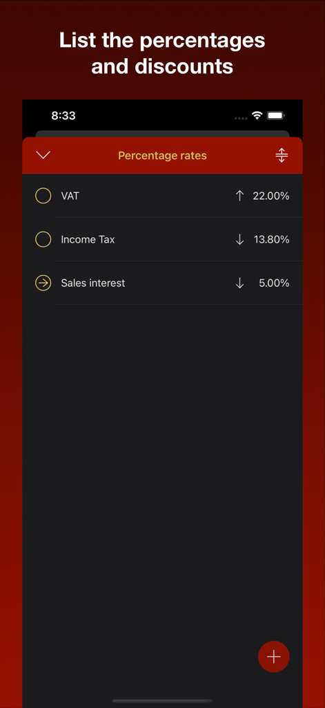 Plus & Minus Percent - Interfaz de la aplicación móvil que muestra una lista de tasas de porcentaje guardadas para el IVA y el impuesto sobre la renta