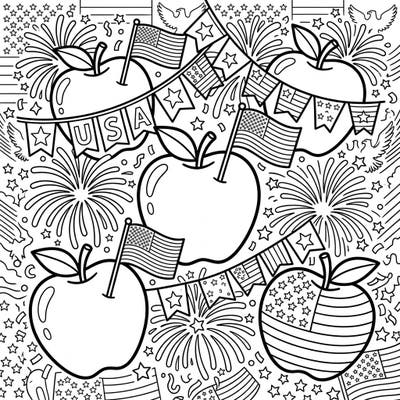 Celebrate the Fourth of July with this unique coloring page featuring juicy apples adorned with patriotic symbols. Dive into a festive scene filled with American flags, fireworks, and stars, perfect for expressing your national pride.