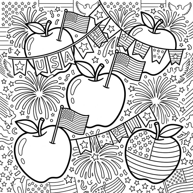 Celebrate the Fourth of July with this unique coloring page featuring juicy apples adorned with patriotic symbols. Dive into a festive scene filled with American flags, fireworks, and stars, perfect for expressing your national pride.