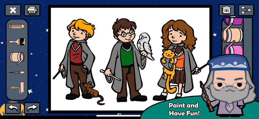 HP Wizarding Quiz - Personajes de dibujos animados y herramientas de dibujo en el modo de colorear de la aplicación Cuestionario de Magos HP