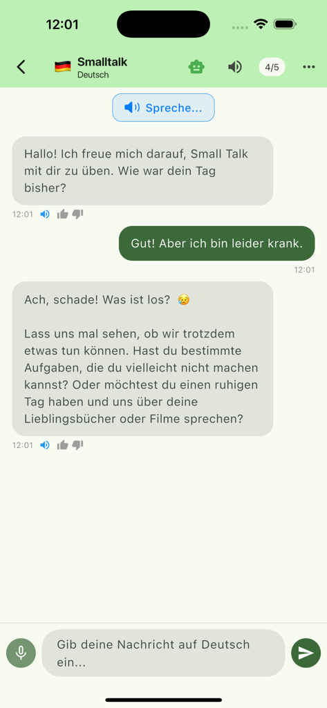 Mobile app interface of TalkBuddy showing a German small talk conversation between a user and an AI assistant