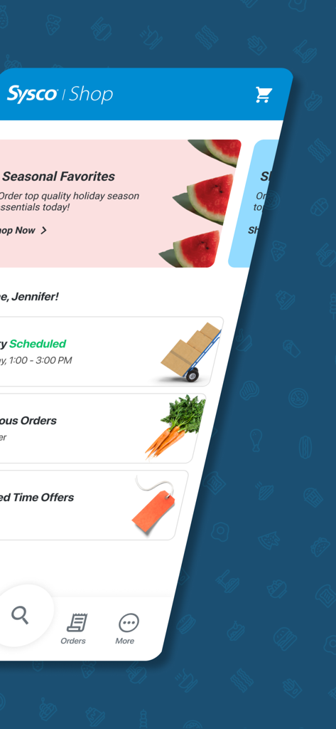 Interface de l'application mobile Sysco Shop montrant l'écran d'accueil avec les favoris saisonniers et les calendriers de livraison