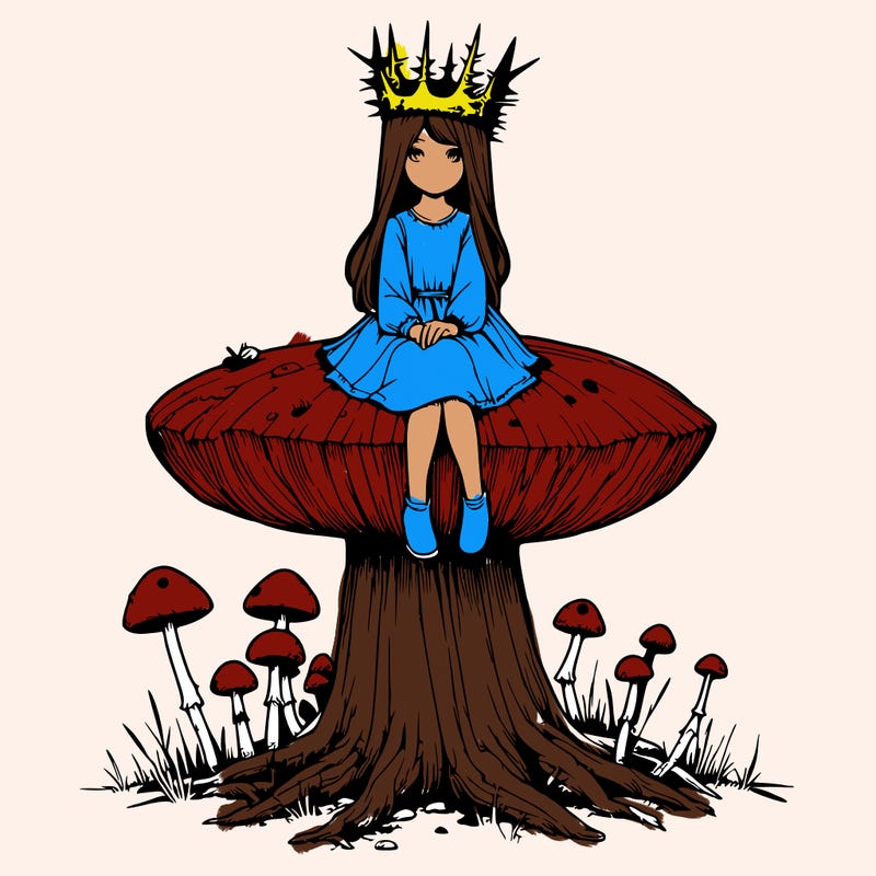 realistic girl sitting on a huge tree stump size toadstool with thorn crown