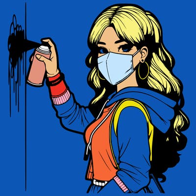 realistic girl with mask spray painting a wall