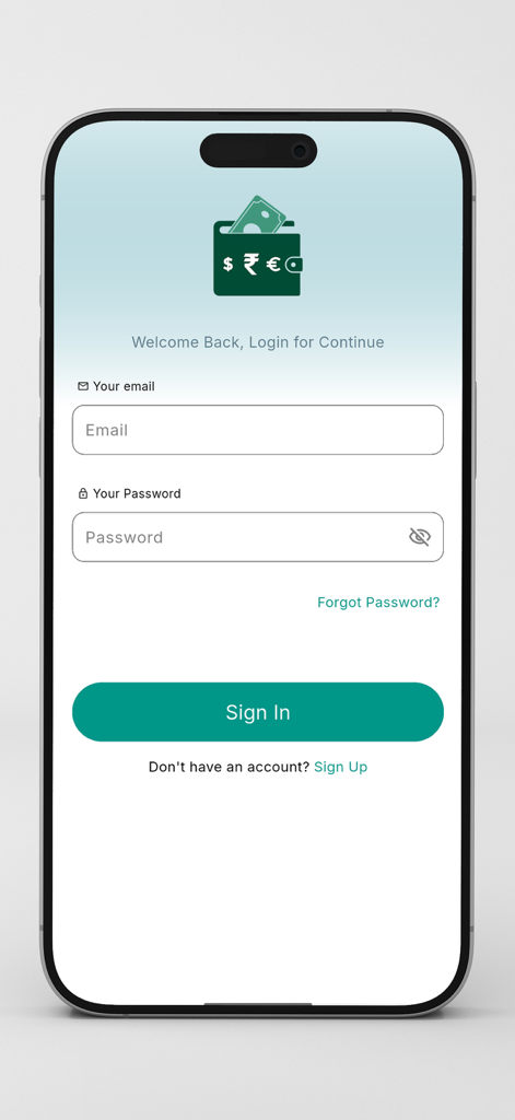 Finzee :: Expense Tracker - Sign in screen for Finzee expense tracker app with email and password fields