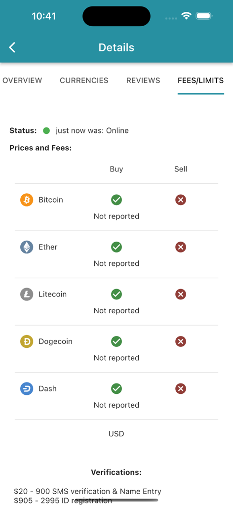 Screen from CoinATMRadar showing fees and limits for buying and selling cryptocurrencies at a Bitcoin ATM including Bitcoin Ether and Litecoin.