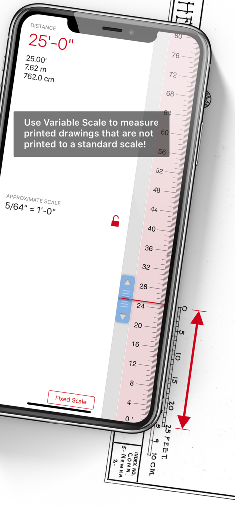 Scala Architectural Scale - Scala Architectural Scale app using the variable scale feature to measure a printed drawing on a smartphone.