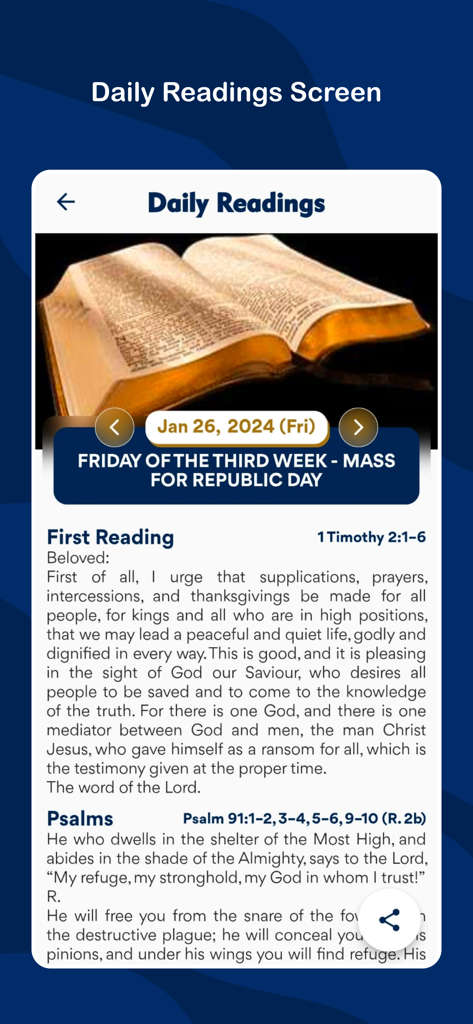 Catholic Connect - Catholic Connect app interface showing daily scripture readings and psalms