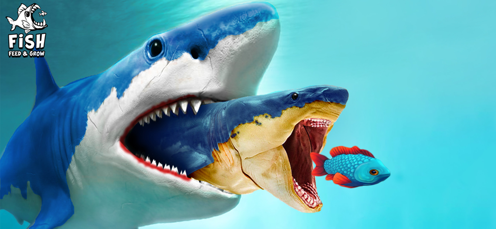3D Fish Feeding and Grow - A large shark eating a smaller shark which is about to eat a blue fish