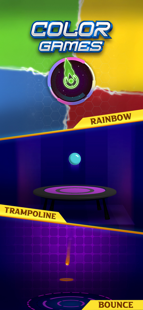 Addictive Games™ - A selection of colorful casual mini games including Rainbow, Trampoline, and Bounce.