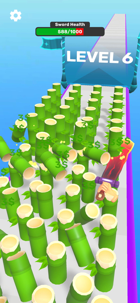 A flaming sword slicing through green bamboo stalks in the mobile game Sword Melter.