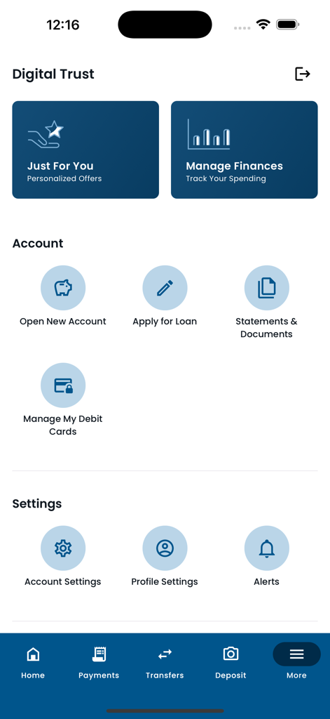 Lake Trust Mobile Banking - Panel de la aplicación de Banca Móvil de Lake Trust mostrando opciones de cuenta y herramientas de gestión financiera