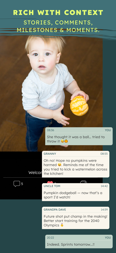 A baby photo with interactive family stories and comments in the BackThen app timeline