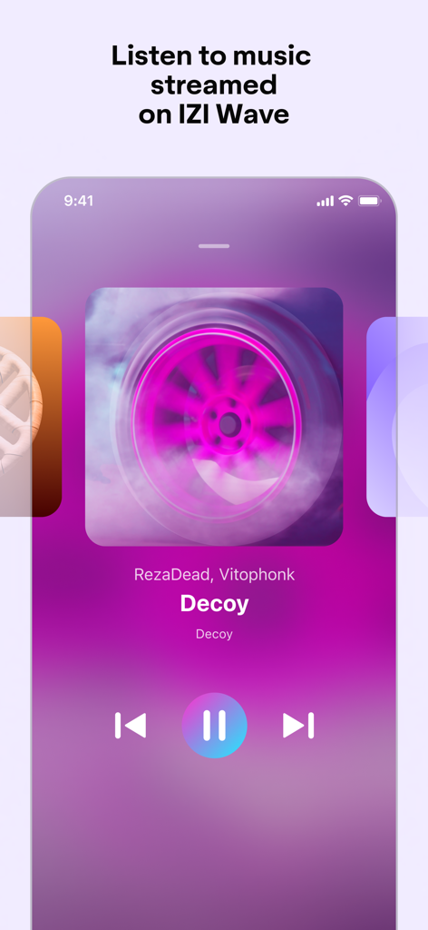 IZI KG mobile app music player screen showing the IZI Wave streaming feature with a Phonk song playing