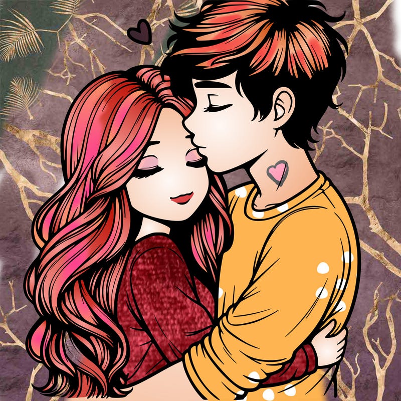 a realistic couple boy and girl hugging and kissing