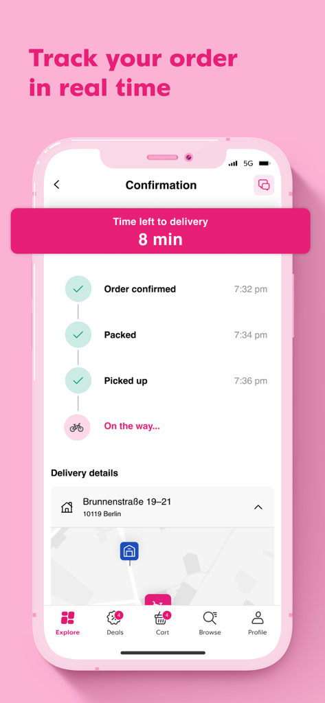 Flink app interface showing real-time order tracking with an eight minute delivery countdown