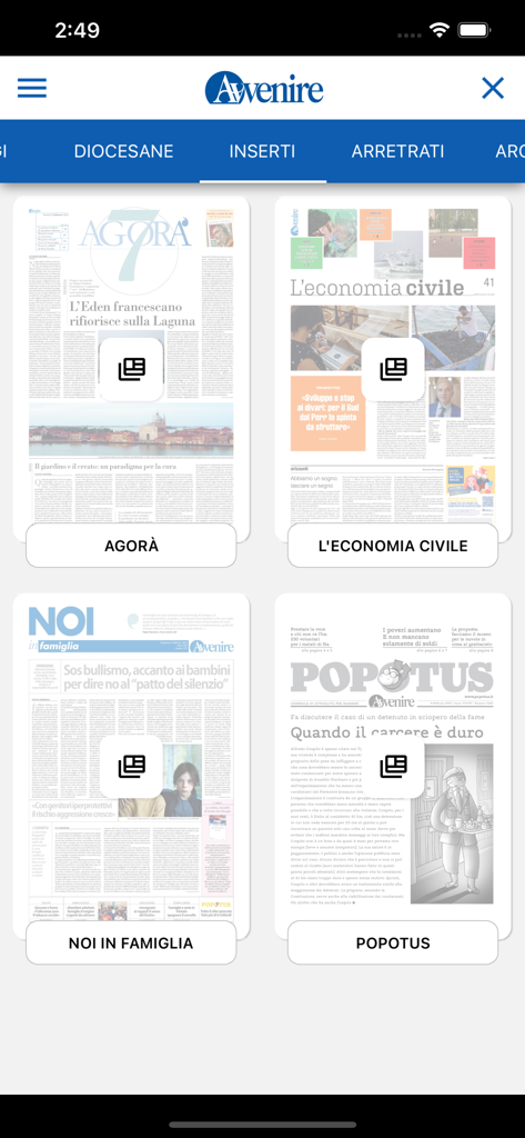 Avvenire - Interfaz de la aplicación Avvenire mostrando diferentes secciones del periódico como Ágora y L'economia civile.