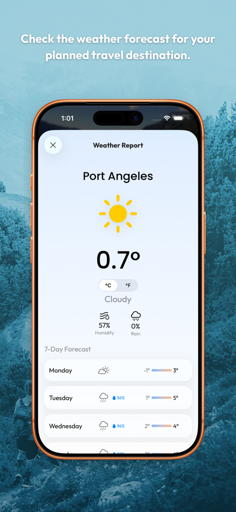 TripPlanny: Plan your trip - Interfaz de la aplicación TripPlanny que muestra un informe meteorológico detallado y un pronóstico de 7 días para un destino de viaje.