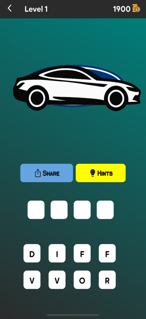 Logo Drive: Car Challenge - Livello 1 di Logo Drive Car Challenge che mostra un quiz sul logo di una silhouette di auto e tessere con lettere.