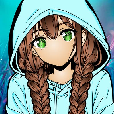 anime girl with long braids and hoodie
