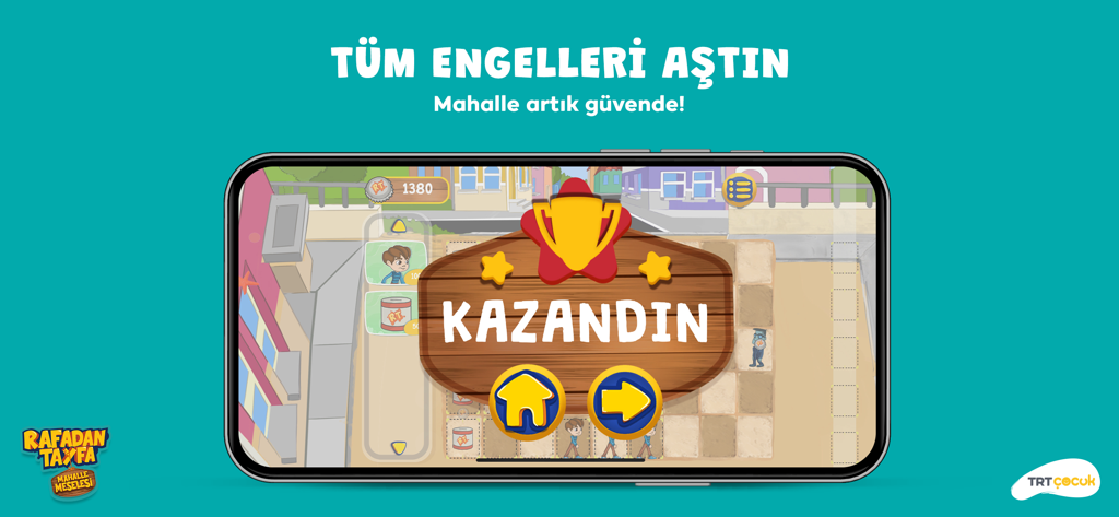 TRT Rafadan Tayfa Mahalle - Victory screen in TRT Rafadan Tayfa Mahalle game showing the message Kazandin with a trophy and character icons