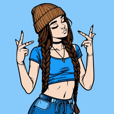 realistic teenage girl with braids and a beanie and crop top doing 🫶🏼