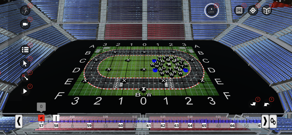 Pyware 3D - 3D marching band drill design interface showing performer positions on a gridded field in a stadium