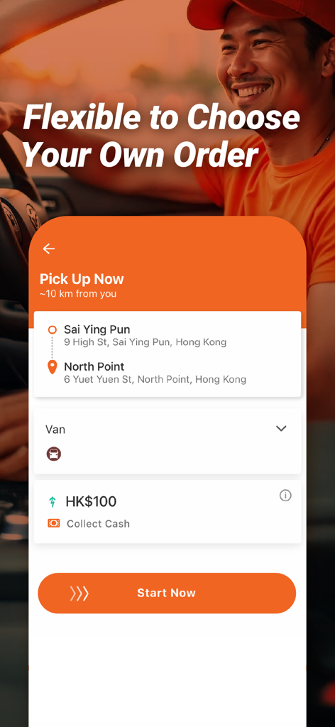 Pantalla de la aplicación Lalamove Driver que muestra un trabajo de reparto en furgoneta con detalles de ruta y ganancias bajo el título Flexible para Elegir Tu Propio Pedido