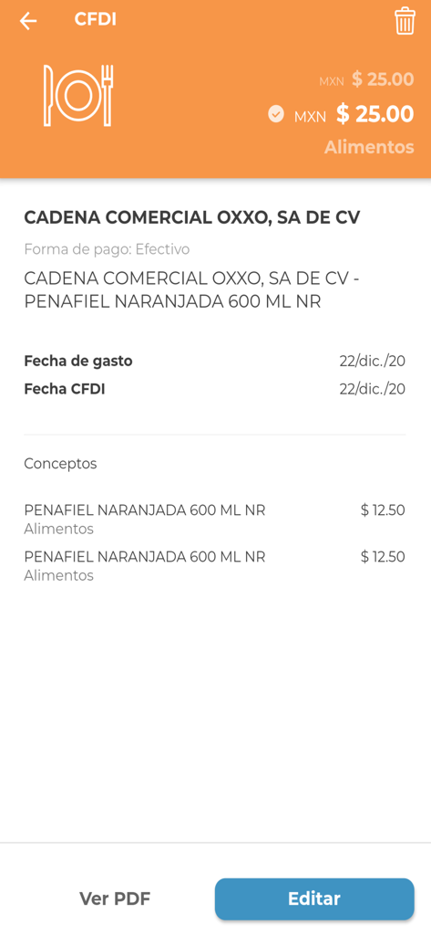A detailed view of a Mexican CFDI digital invoice for food expenses within the Gastos de Viaje app.