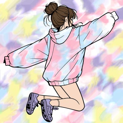 realistic girl jumping with a bun and oversized sweatshirt