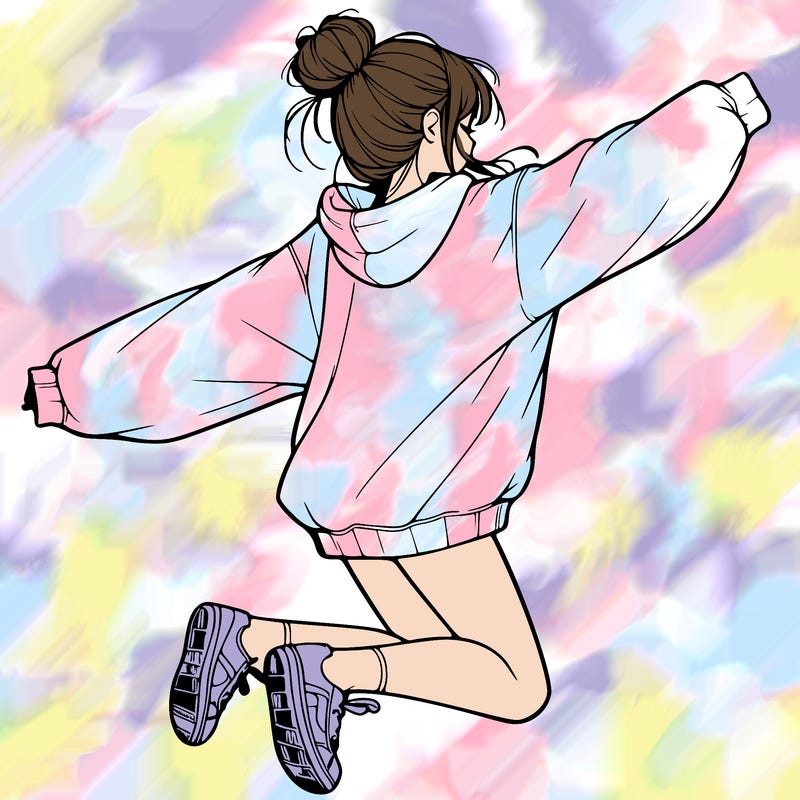 realistic girl jumping with a bun and oversized sweatshirt
