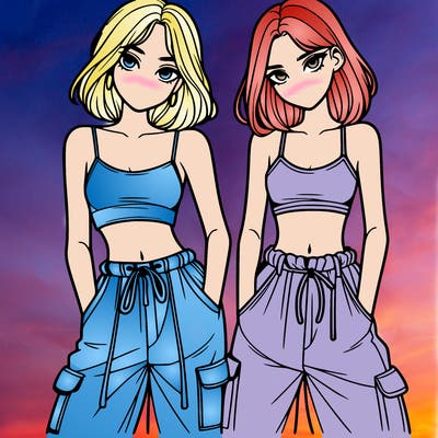 two girls with crop top with baggy pants