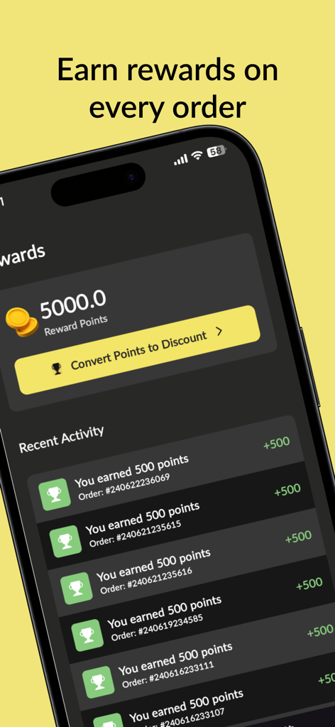 Night Market: Food Delivery - Night Market app rewards screen showing reward points balance and a list of recent points earned from food delivery orders
