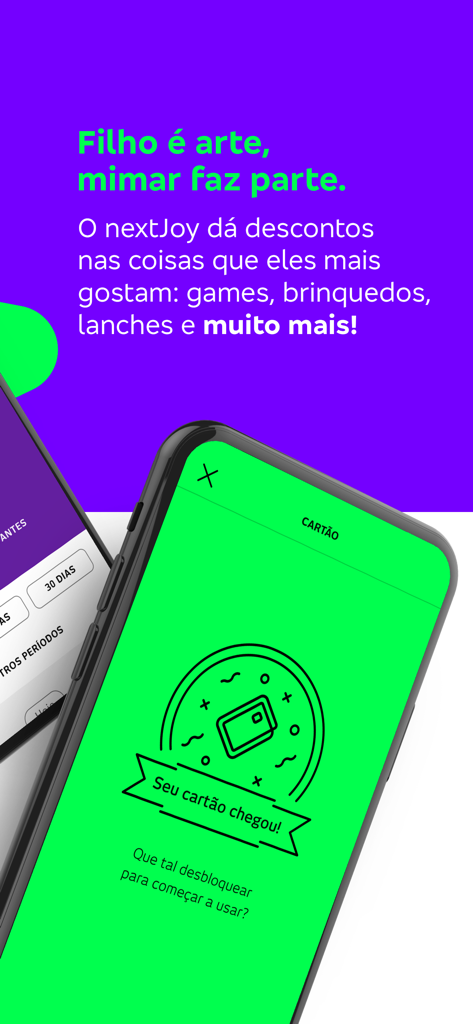 nextJoy - nextJoy mobile app screen showing a debit card arrival notification and mentions of discounts on games and toys