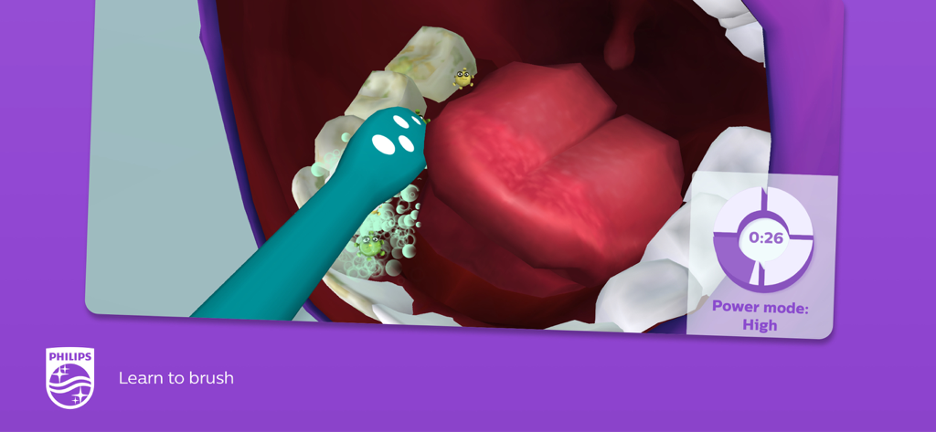 Uma escova de dentes animada limpando dentes em uma boca 3D com um cronômetro e indicador de modo de potência do aplicativo Philips Sonicare For Kids.
