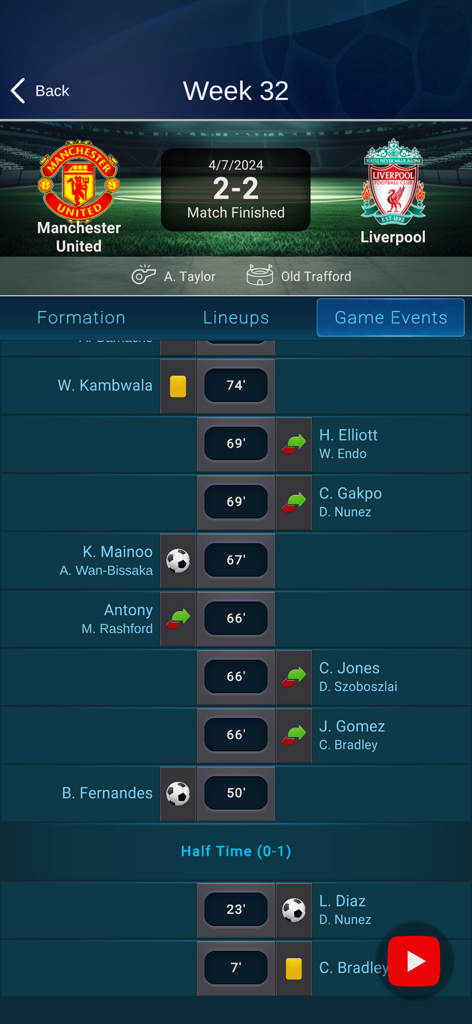 360 Live Scores - Écran d'application mobile montrant les événements et scores d'un match de football Manchester United contre Liverpool.