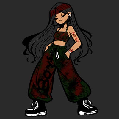 girl in baggy pants crop top and long hair