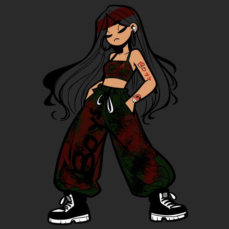 girl in baggy pants crop top and long hair