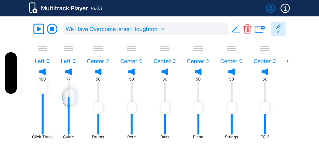 The Multitrack Player - The Multitrack Player interface showing individual volume faders for drums bass and piano during a live performance