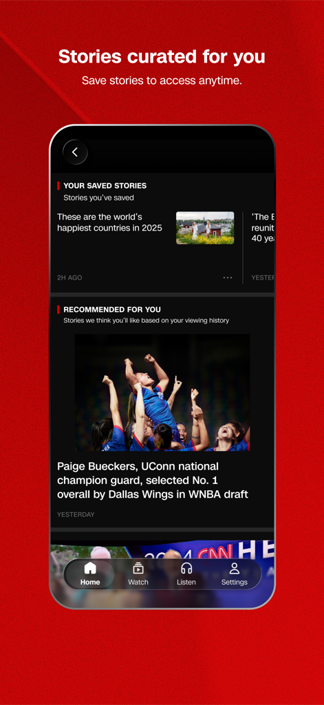 Interfaccia dell'app CNN che mostra notizie curate e raccomandazioni personalizzate su uno schermo mobile.