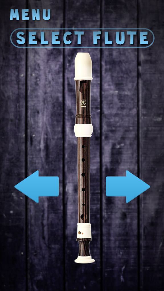 Real Flute Simulator - Pantalla de menú de la aplicación Simulador de flauta real que muestra un instrumento de flauta dulce de madera para seleccionar con flechas de navegación azules