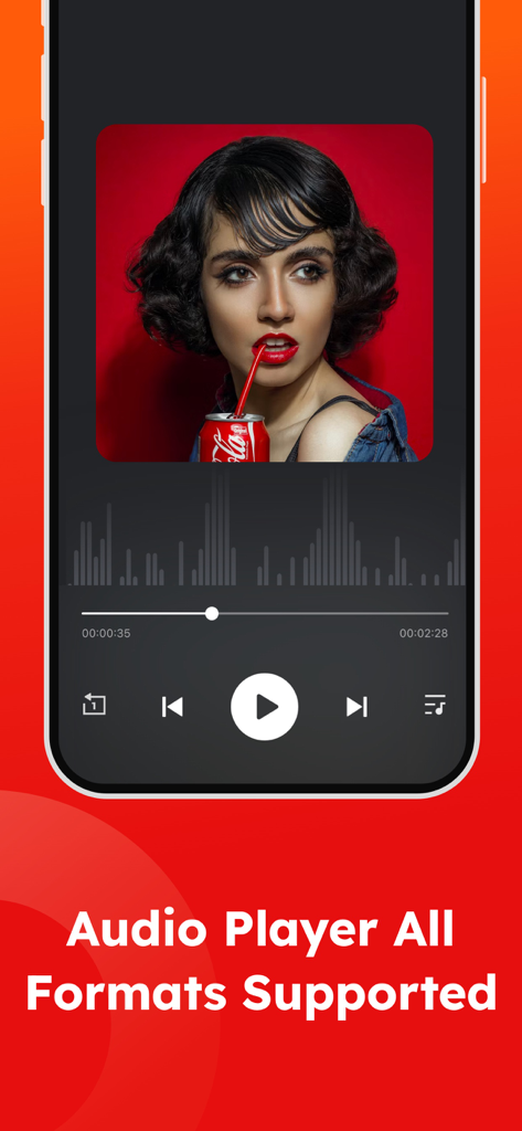 PLAYit-All in One Video Player - A screenshot of the PLAYit app interface showing the audio player feature with a music visualizer and playback controls.