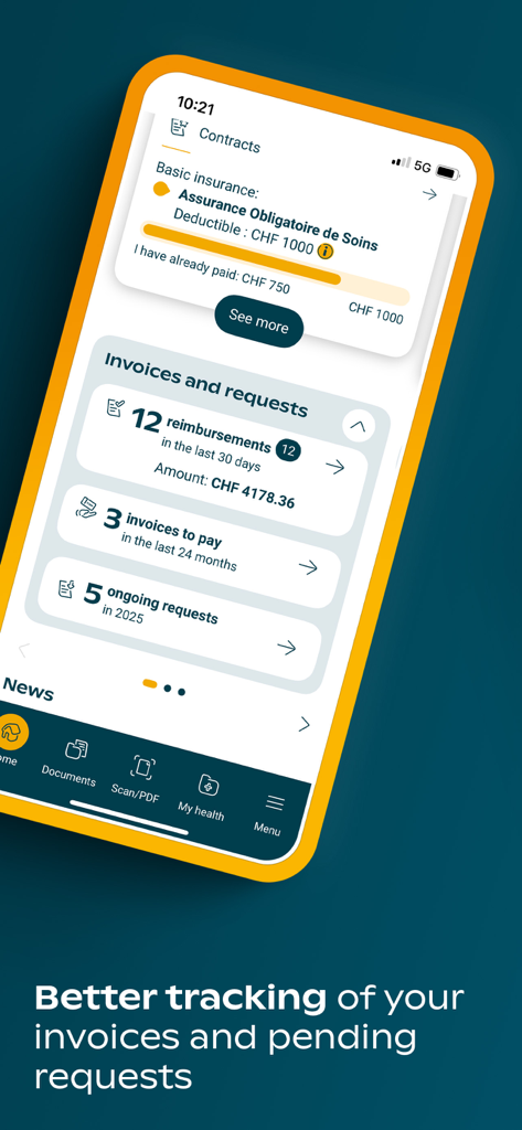 Oberfläche der Groupe Mutuel Mobile App mit Details zum Versicherungsvertrag und Status der Rechnungsverfolgung