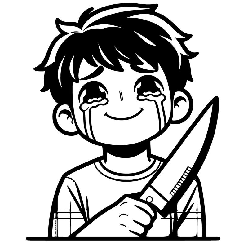 teenage boy crying with a smile as he holds a knife