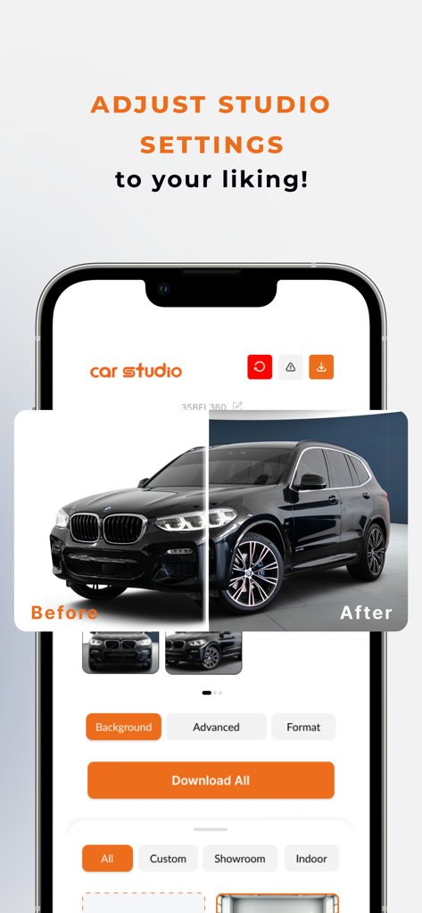 Car Studio AI: Used Car Photos - Before and after comparison of a car photo using studio background settings in Car Studio AI.
