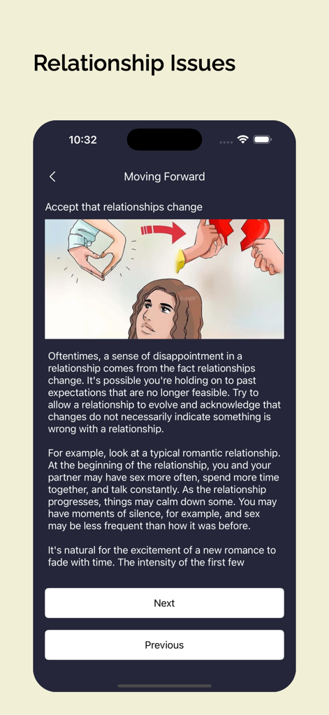 Relationship advice screen in the LoveTest app discussing how to accept changes in a partnership